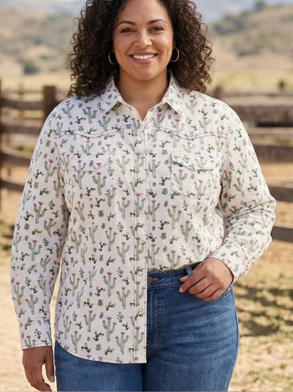 Cowgirl Hardware Cotton Cactus Rose Pearl Snap Western shirt white XXL plus